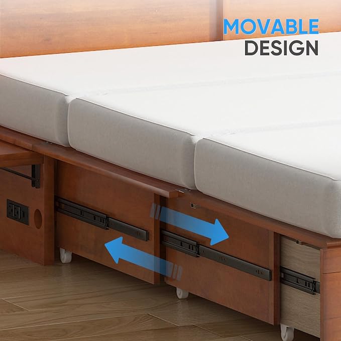 PUREMIND Murphy Bed with Mattress Included, Queen Murphy Bed Cabinet with Storage Drawer and Bedside Panel, Built-in Charging Station, Solid Wood Space-Saving Wallbed Hideaway Beds for Guest Room