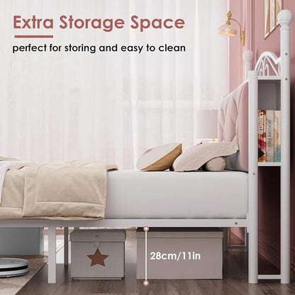 Queen Upholstered Canopy Bed Frame with 2 Drawers & Crystal Tufted Storage Headboard Two-Purpose Metal Platform Bed with 4 Removable Posts & Charging Station Pink Princess Bed, Curtain Not Included