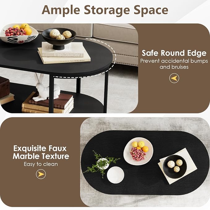 Giantex 2-Tier Coffee Table, Oval Center Table with Wood Grain Top & Open Storage Shelf, Modern Accent Table with Heavy Duty Metal Frame, Cocktail Table for Living Room Reception (Black)