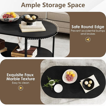Giantex 2-Tier Coffee Table, Oval Center Table with Wood Grain Top & Open Storage Shelf, Modern Accent Table with Heavy Duty Metal Frame, Cocktail Table for Living Room Reception (Black)