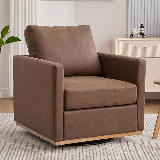 Swivel Accent Chair, 360 Degree Square Swivel Chair for Living Room, Mid Century Modern Upholstered Barrel Chair,Comfy Sofa Armchairs for Bedroom,Nursery,PU Leather, Coffee