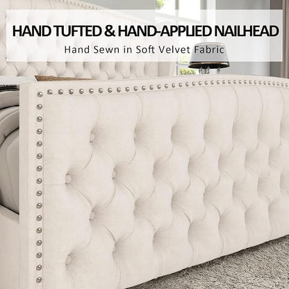 AMERLIFE California King Size Platform Bed Frame, Velvet Upholstered Bed with Deep Button Tufted & Nailhead Trim Wingback Headboard/No Box Spring Needed, Cream