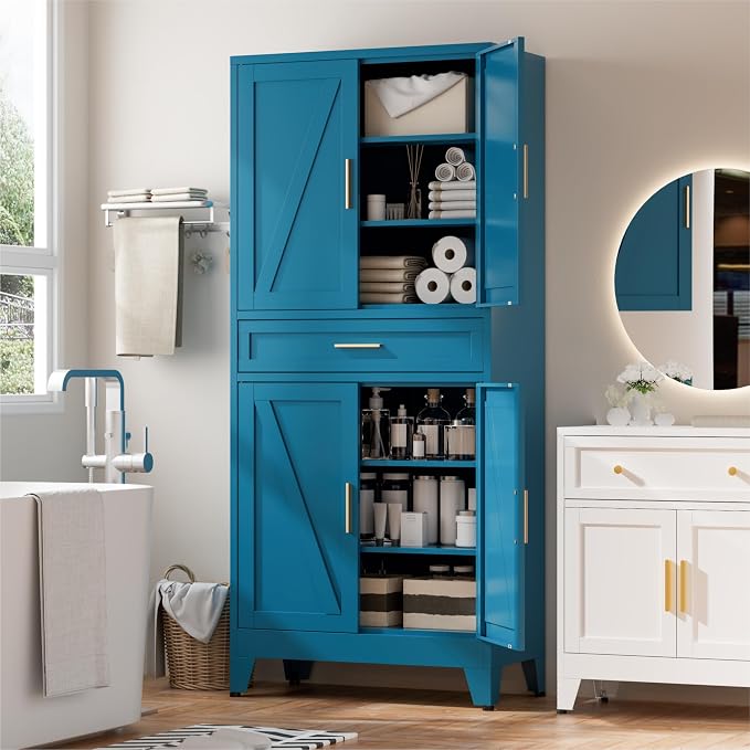 Metal Storage Cabinets with Drawer, 71" Filing Cabinet with 4 Adjustable Shelves & 4 Doors, Modern Abstract Rhombus Geometric Design File Cabinet for Home,Office,Garage,Shop,School, Blue