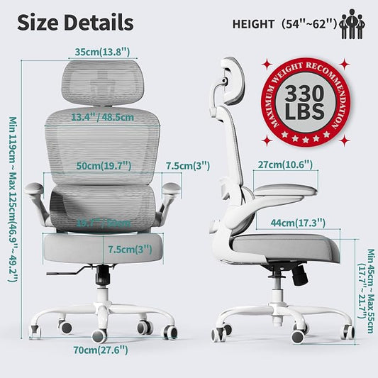 TRALT Office Chair Ergonomic Desk Chair, 330 LBS Home Mesh Office Desk Chairs with Wheels, Comfortable Gaming Chairs (1, Light Grey)