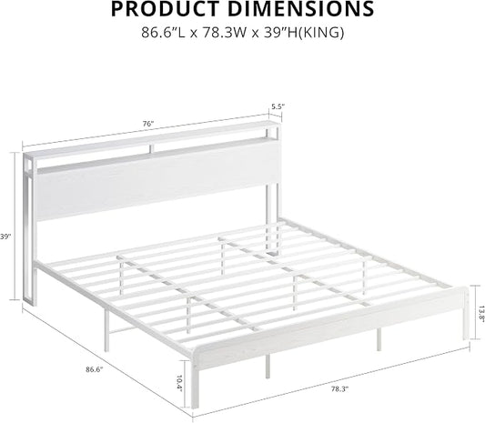 LIKIMIO King Bed Frame with Headboard, Wood Camas King with Strong Supports, Sturdy, Noise-Free, No Box Spring Needed, White