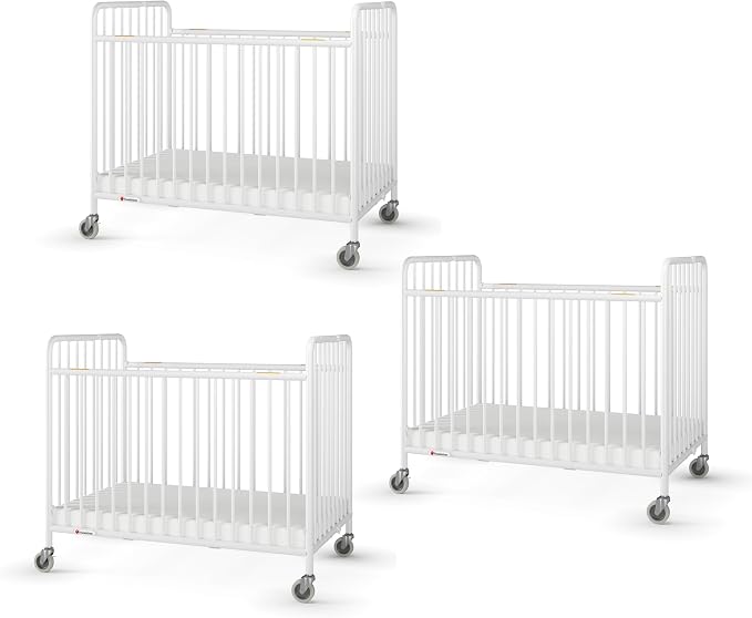 Foundations Stowaway Metal Baby & Toddler Folding Crib, Portable Baby Crib with Foam Mattress and Commercial Grade 3" Casters, Compact for Hotels, Pack of 3, White