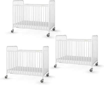 Foundations Stowaway Metal Baby & Toddler Folding Crib, Portable Baby Crib with Foam Mattress and Commercial Grade 3" Casters, Compact for Hotels, Pack of 3, White