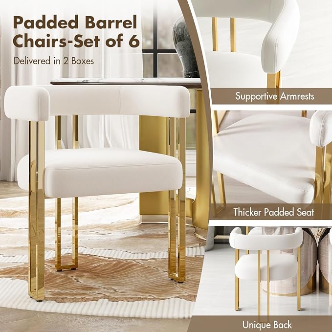 Hyfirm Beige and Gold Modern Dining Chairs Set of 6, Velvet Upholstered Barrel Armchairs with Metal Legs for Kitchen Island, Mid Century Accent Chairs for Dining Room Living Room, Open-Back