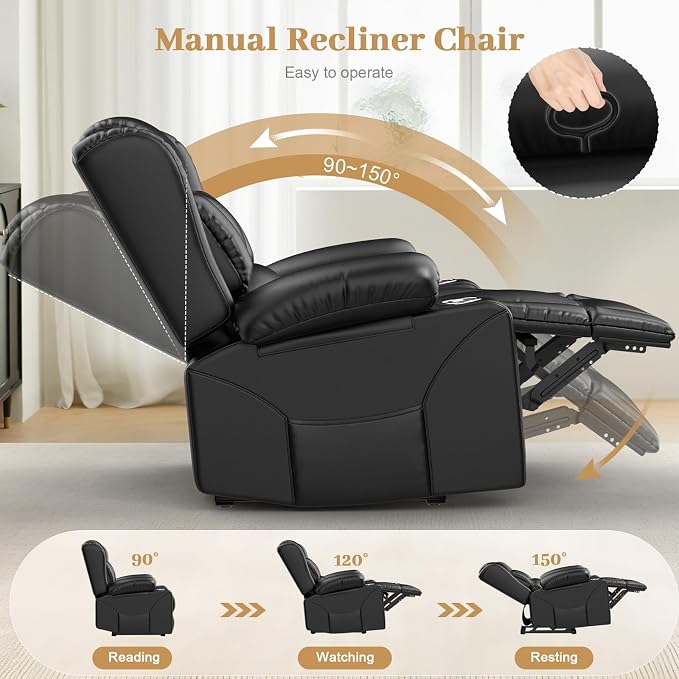RV Recliner Chair, Oversized Reclining Loveseat Home Theater Seating with Cup Holders, Insert Pockets, Wall Hugger RV Recliners for Movie Room, Recline Movie Seats Gaming Sofa, Black