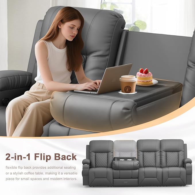 YONISEE 4 Seat Recliner Sofa with Flip Backrest Design, Loveseat Reclining Sofa with Storage Drawer, USB Ports, 2 Cell Phone Holder, Loveseat Recliner Couch for Living Room (Dark Gray)