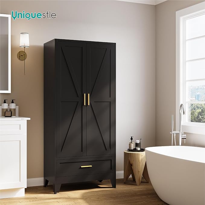 71" Tall Metal Armoire Wardrobe Closet,17.7" Deep By 31.5" Wide Portable Closet for Hanging Clothes,Wardrobe Cabinet with Drawer and Shelve for Bedroom Office Garage,Black 1 Pack
