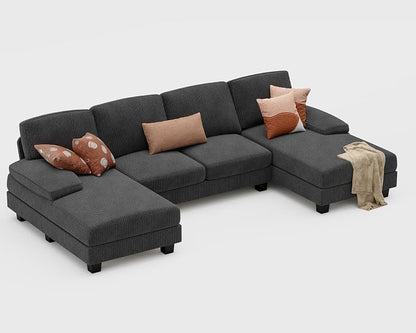 Furniwell Convertible Sectional Sofa Couch, 4 Seat Sofa Set for Living Room U-Shaped Modern Fabric Modular Sofa Sleeper with Double Chaise & Memory Foam (Corduroy, Deep Grey)