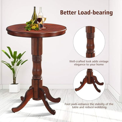 Giantex Round Dining Table, 30" D X 41.5" H, Wooden Pub Pedestal Side Table W/Chessboard, Adjustable Foot Pads, Multi-Purpose Dinner Table for Small Space, Kitchen, Dining Room, Restaurant, Walnut