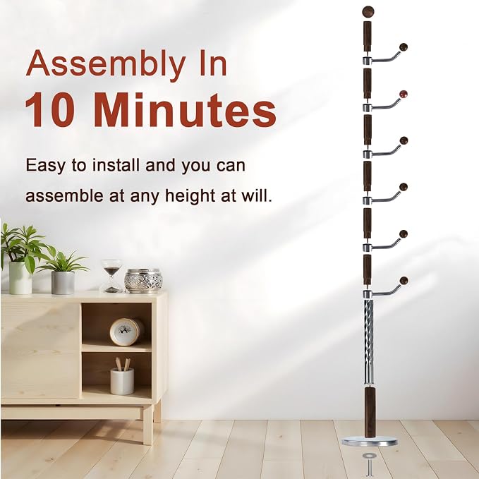 Coat Racks Freestanding, Natural Wood Coat Stands with 6 Hooks, 68" Heavy Duty Adjustable Height Vintage Hall Tree for Entryway, Bedroom, Office, Easy Assembly (Walnut Metal Hook)