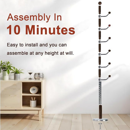 Coat Racks Freestanding, Natural Wood Coat Stands with 6 Hooks, 68" Heavy Duty Adjustable Height Vintage Hall Tree for Entryway, Bedroom, Office, Easy Assembly (Walnut Metal Hook)