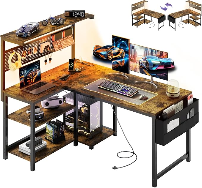 Apicizon L Shaped Desk Gaming Desk with LED Light & Power Outlet, 47 Inch Reversible Computer Desk with Pegboard & Shelf & Storage Bag for Home Office, Rustic Brown