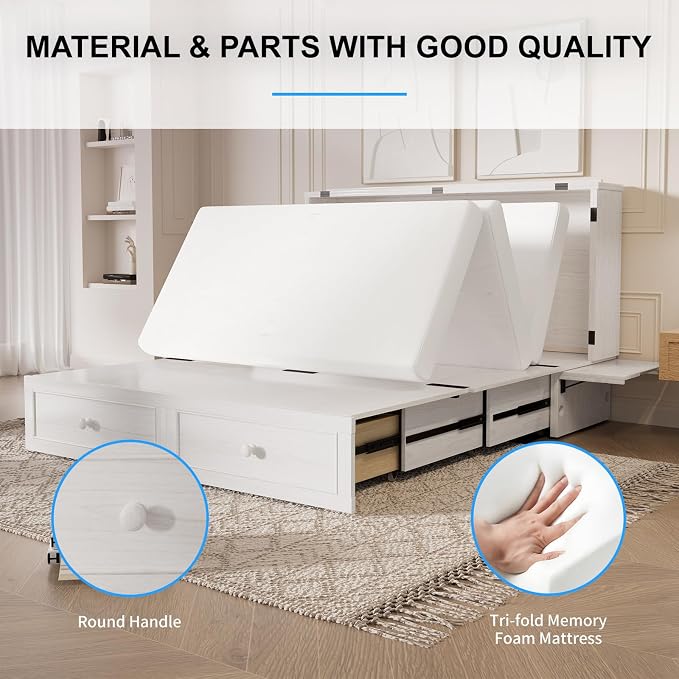 PUREMIND Queen Murphy Bed with Mattress Included, Murphy Cabinet Bed with Storage Drawer, Built-in Charging Station, Solid Wood Frame, Space-Saving Cabinet Beds for Small Spaces/Guest Room (White)