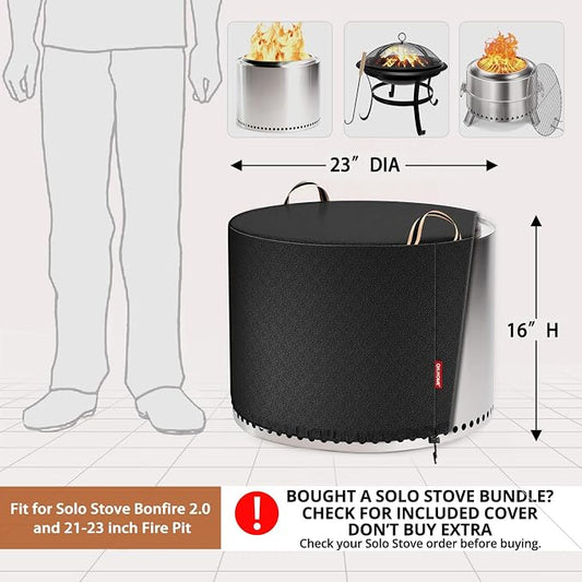 QH.HOME Fire Pit Cover Round for Solo Stove Bonfire 22", Waterproof Smokeless Fire Pit Cover, 600D Strong Tear Resistant, Fits for Gas/Table/Bowl Fire pits - 23" D X 16" H
