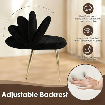 Vanity Chair with Adjustable Backrest, Boucle Upholstery Armless Makeup Stool, Black Sherpa Vanity Stool with Gold Metal Legs for Bedroom Living Room Kitchen Dinning Room (Gold and Black)