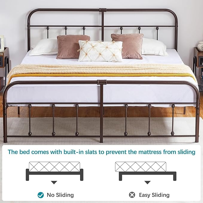 VECELO King Size Victorian Style Metal Bed Frame with Headboard/Mattress Foundation/No Box Spring Needed/Under Bed Storage and Strong Slat Support Purple Bronze