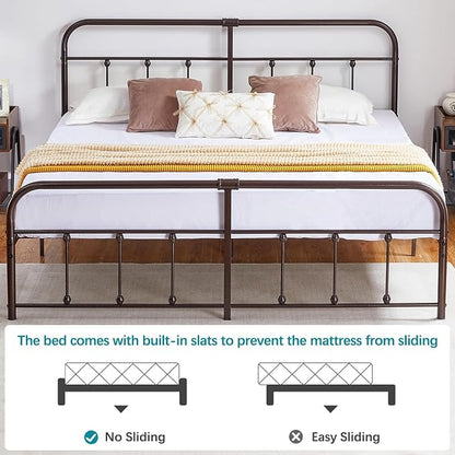 VECELO King Size Victorian Style Metal Bed Frame with Headboard/Mattress Foundation/No Box Spring Needed/Under Bed Storage and Strong Slat Support Purple Bronze