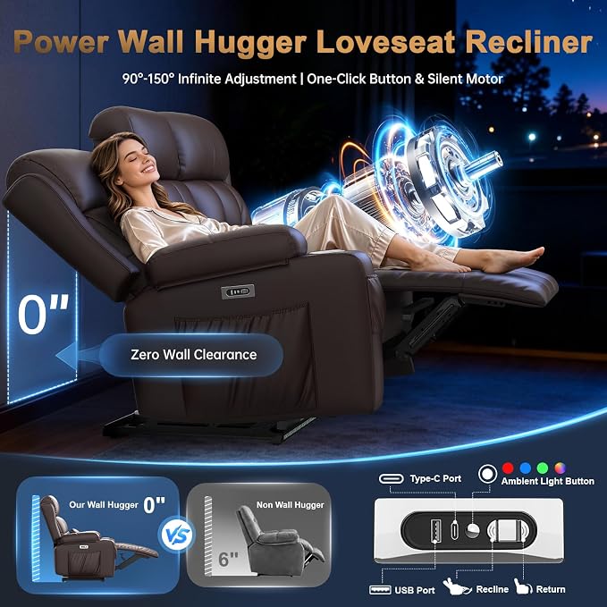 Power Loveseat Recliner Sofa, Home Theater Seating with Heat Massage, Reclining Loveseats with Flip Backrest, Wall Hugger RV Couch Movie Theater Chairs, RV Furniture Sofas with USB, for Gaming Room