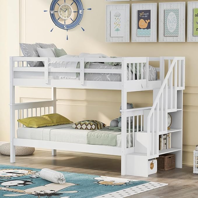 MERITLINE Twin Over Twin Bunk Bed with Storage Staircase, Solid Wood Stairway Convertible Bunk Bed with Stairs (Twin Over Twin,White)