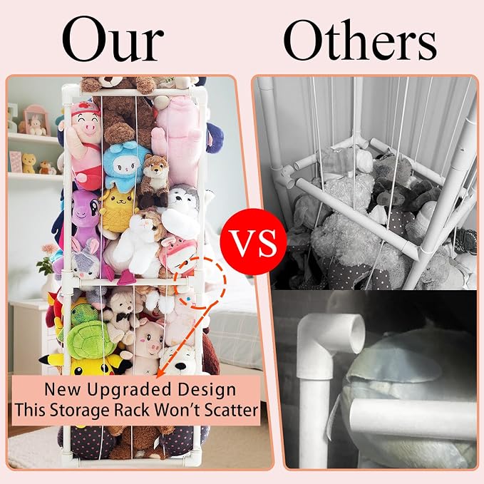 Large Stuffed Animal Storage Zoo Cage Holder, 19"x19"x56.3" Pre-Threaded Bungee Upgrade PVC Toy Organizers and Storage, Vertical Space Saving Plush Toys Zoo Holder, for Bedroom Playroom, White