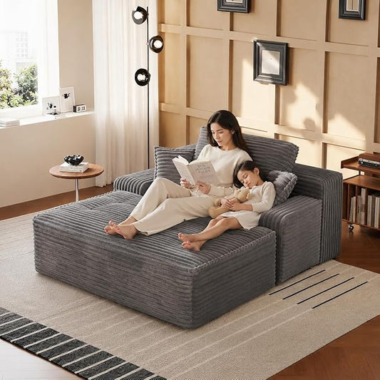 67'' Chaise Lounge Chair Indoor, Oversized Corduroy Upholstered Boneless Sofa Bed, Sleeper Couch Reading Chairs with 3 Pillows, Cloud Sofas Couches for Living Room, No Assembly Required (Grey)