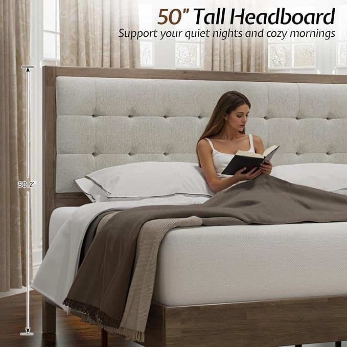 Jocisland Solid Wood Full Size Bed Frame 50.2" Tall Upholstered Headboard, Mid-Century Style, Stable Platform Support, No Box Spring Needed, Ash Gray