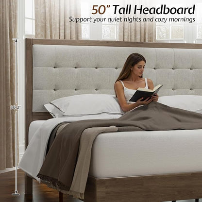 Jocisland Solid Wood King Size Bed Frame 50.2" Tall Upholstered Headboard, Mid-Century Style, Stable Platform Support, No Box Spring Needed, Ash Gray