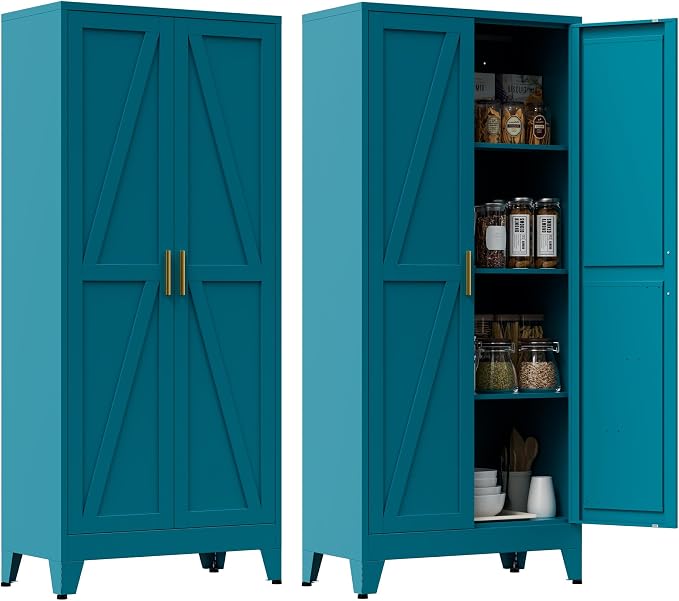 Metal Pantry Cabinet, 61" Tall Kitchen Storage Cabinet with 2 Doors and 3 Adjustable Shelves for Kitchen, Living Room, Dining Room, Bathroom and Home, Office (Blue, 1PC)