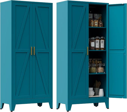Metal Pantry Cabinet, 61" Tall Kitchen Storage Cabinet with 2 Doors and 3 Adjustable Shelves for Kitchen, Living Room, Dining Room, Bathroom and Home, Office (Blue, 1PC)