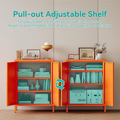 Metal Floor Storage Cabinet, Small Freestanding Sideboard Storage with 2 Adjustable Shelves for Bathroom Entryway Living Room Dining Room Coffee bar,11.8"D x 23.6"W x 31.5"H,3-Tier,Orange