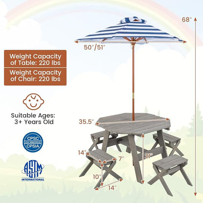 Costzon Kids Picnic Table, Fir Wood Octagon Kids Table and Chair Set with Removable Umbrella, Toddler Activity Table for Backyard, Garden, Patio, Kids Outdoor Furniture for Boys Girls (Grey)