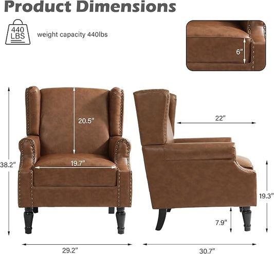 High Back Accent Chairs Set of 2, Faux Leather Upholstered Armchair Wingback Chair for Living Room, Comfy Single Sofa Solid Wood Legs Bedroom Reading Seat (Brown)