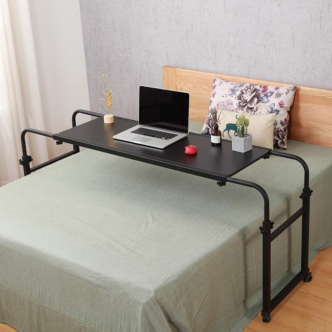 TigerDad Heavy Duty Overbed Table with Wheels, 55"-83" Adjustable Cross Bed Desk for King Queen Size, Mobile Rolling Laptop Cart for Home Office & Hospital Bed