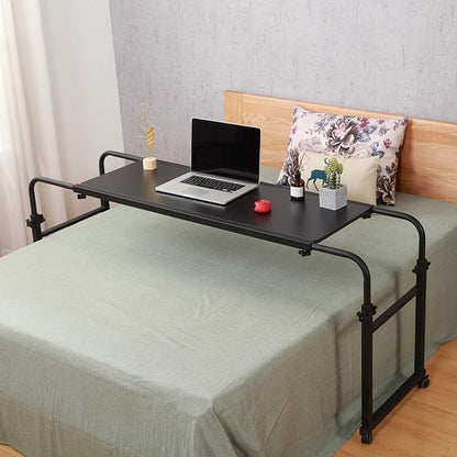 TigerDad Heavy Duty Overbed Table with Wheels, 55"-83" Adjustable Cross Bed Desk for King Queen Size, Mobile Rolling Laptop Cart for Home Office & Hospital Bed