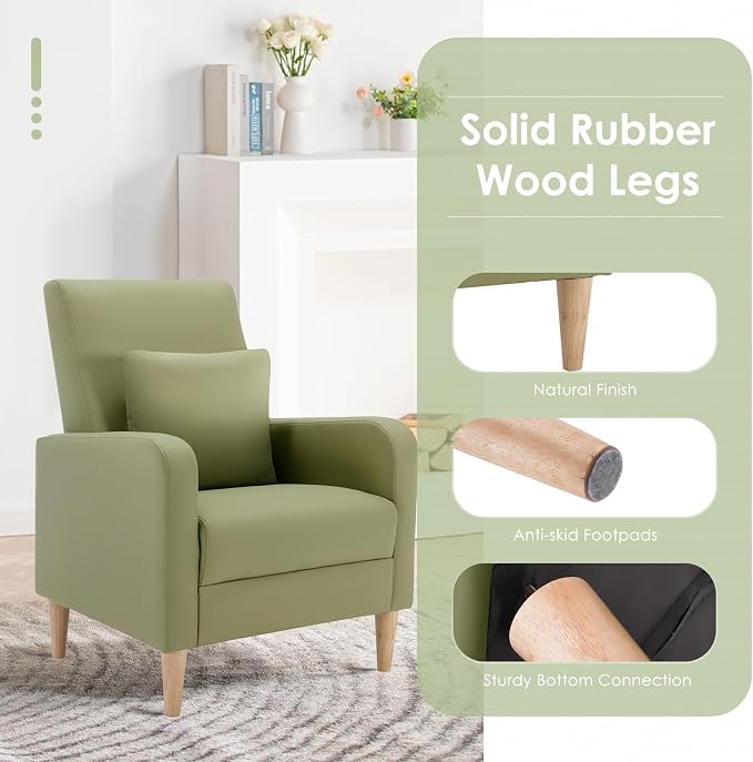 COLAMY Mid-Century Modern Accent Chair, Faux Leather Upholstered Living Room Chair with Back Pillow & Solid Wood Legs, Comfy Armchair for Living Room, Bedroom, Single Sofa, Light Green