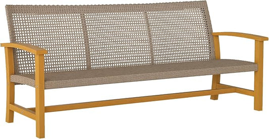 Outsunny Wicker Outdoor Couch, 3-Seat Rattan Outdoor Patio Sofa, 1000 lbs. Capacity, Acacia Wood Patio Furniture Couch with Steel Seat and Armrests for Backyard, Porch, Teak