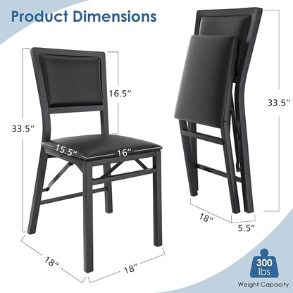 VECELO Folding Dining Chairs Set of 2, Metal Padded Foldable Seating with Comfortable Faux Leather, Space-Saving Portable Guest Seats for Kitchen & Office, No Assembly, Black