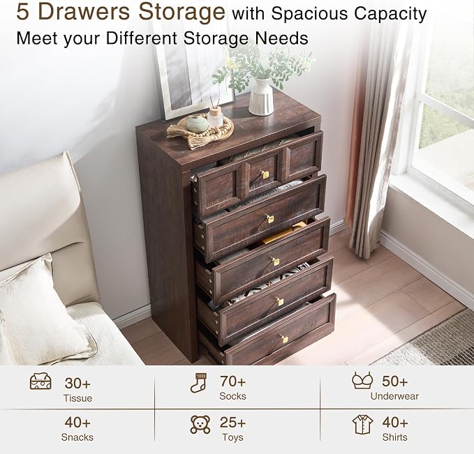 3-Piece Bedroom Set, 5 Drawer Tall Dresser and 3 Drawer King Size Nightstands Set of 2 with Charging Station, 3 Piece Farmhouse Wood Bedroom Dresser and Nightstand Sets, Brown