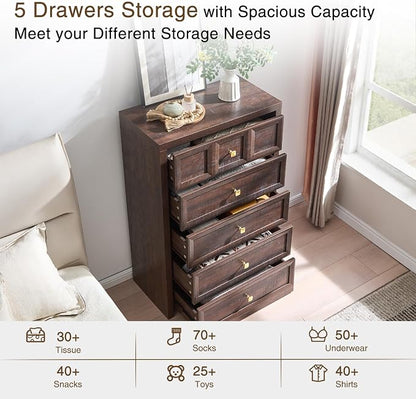 3-Piece Bedroom Set, 5 Drawer Tall Dresser and 3 Drawer King Size Nightstands Set of 2 with Charging Station, 3 Piece Farmhouse Wood Bedroom Dresser and Nightstand Sets, Brown