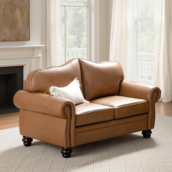 60" Wide Genuine Leather Chesterfield Loveseat, 2 Seat Leather Sofa with Rolled Arms, Nailhead Trim for Living Room Furniture, Easy Assembly – Camel