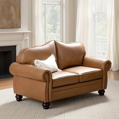60" Wide Genuine Leather Chesterfield Loveseat, 2 Seat Leather Sofa with Rolled Arms, Nailhead Trim for Living Room Furniture, Easy Assembly – Camel
