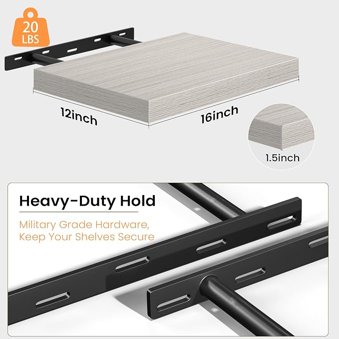 Fun Memories Floating Shelves - 2 Pack 12 Inch Deep Rustic Wooden Wall Shelves - Extra Deeper & Thicker Wall Mounted Storage Shelf for Living Room, Kitchen, Farmhouse - 16" W x 12" D x 1.5" H - Grey