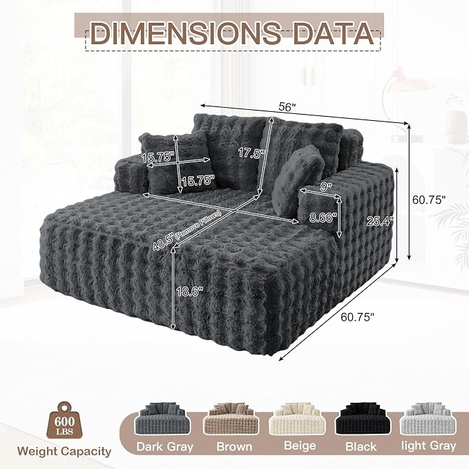 JEEOHEY 56" W Oversized Chaise Lounge Chair Indoor,Plush Faux Fur Sleeper Couch Sofa Bed with Pillows,Fluffy Comfy Cloud Sofa,Compression Foam Boneless Couch for Living Room,Bedroom(Bubble, Grey)