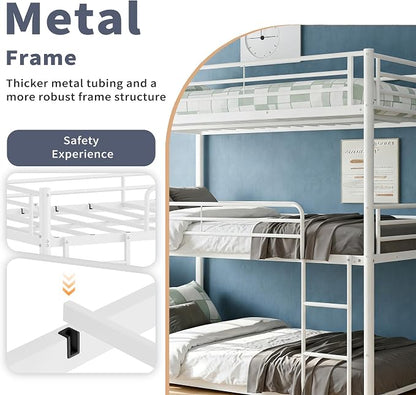 Metal Triple Bunk Bed with Ladder for 3 Kids/Teen/Adults Bedroom,Twin Over Twin Over Twin Heavy Duty Metal Bunk Bed, Heavy Duty Triple Bed Frame for Girls & Boys, No Box Spring Needed (White)