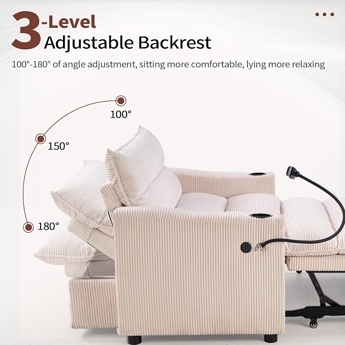 HAOMARKETS 3-in-1 Convertible Loveseat Sleeper Sofa Bed, 2-Seat Pull Out Couch with Cup Holders, Phone Holder and USB Ports, Corduroy 3-Level Adjustable Backrest Couches for Living Room, Beige