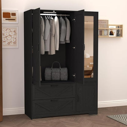 Armoire Wardrobe Closet with 3 Door, Bedroom Armoire with Mirror, LED Light, Hanging Rod, Drawers,Adjustable Shelves,Large Capacity Closet for Bedroom,47.2L,Black